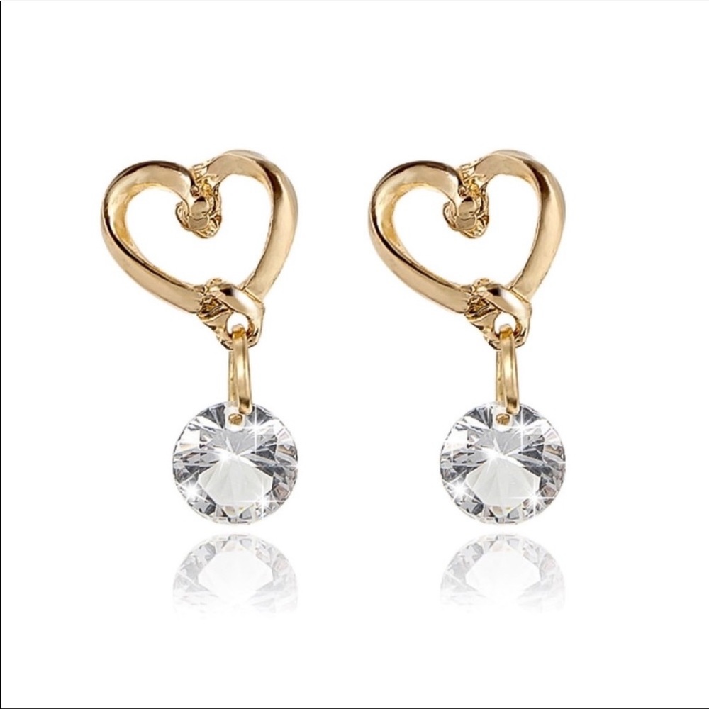Gold Heart Earrings with Crystals NEW - Picture 3 of 14